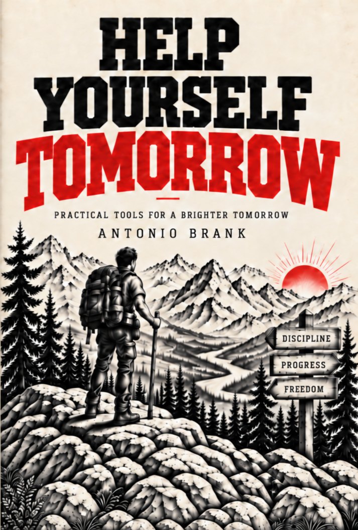 Cover of Help Yourself Tomorrow by Antonio Brank: a hiker on a rocky ridge looking toward a red sunrise, with a signpost reading Discipline, Progress, Freedom.